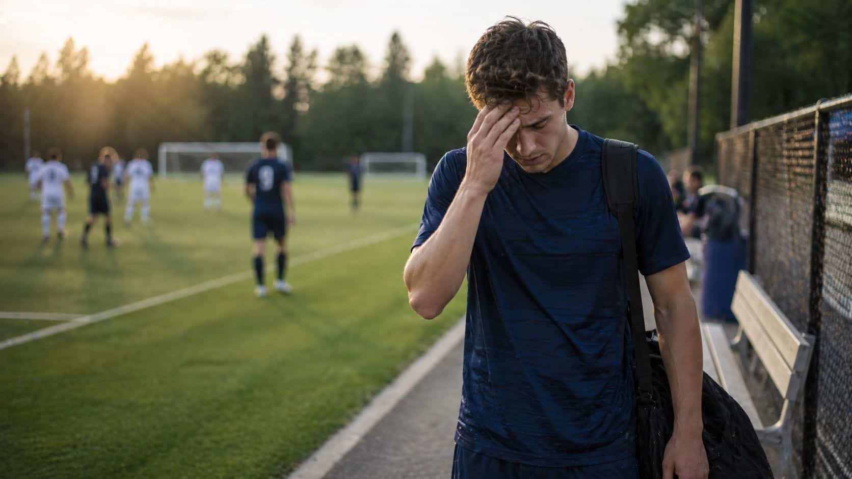 Young male athlete with sports injury on soccer field, seeking physiotherapy treatment.