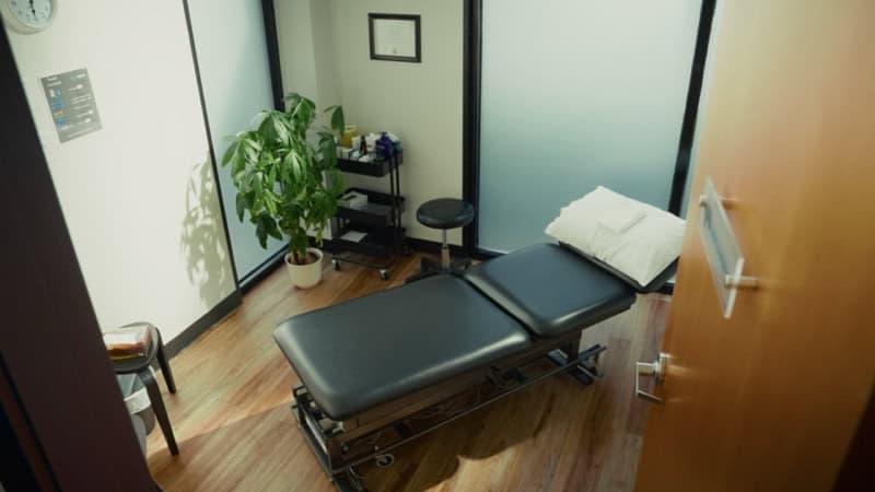 Physiotherapy treatment room featuring a comfortable treatment table, potted plant, and soothing env.